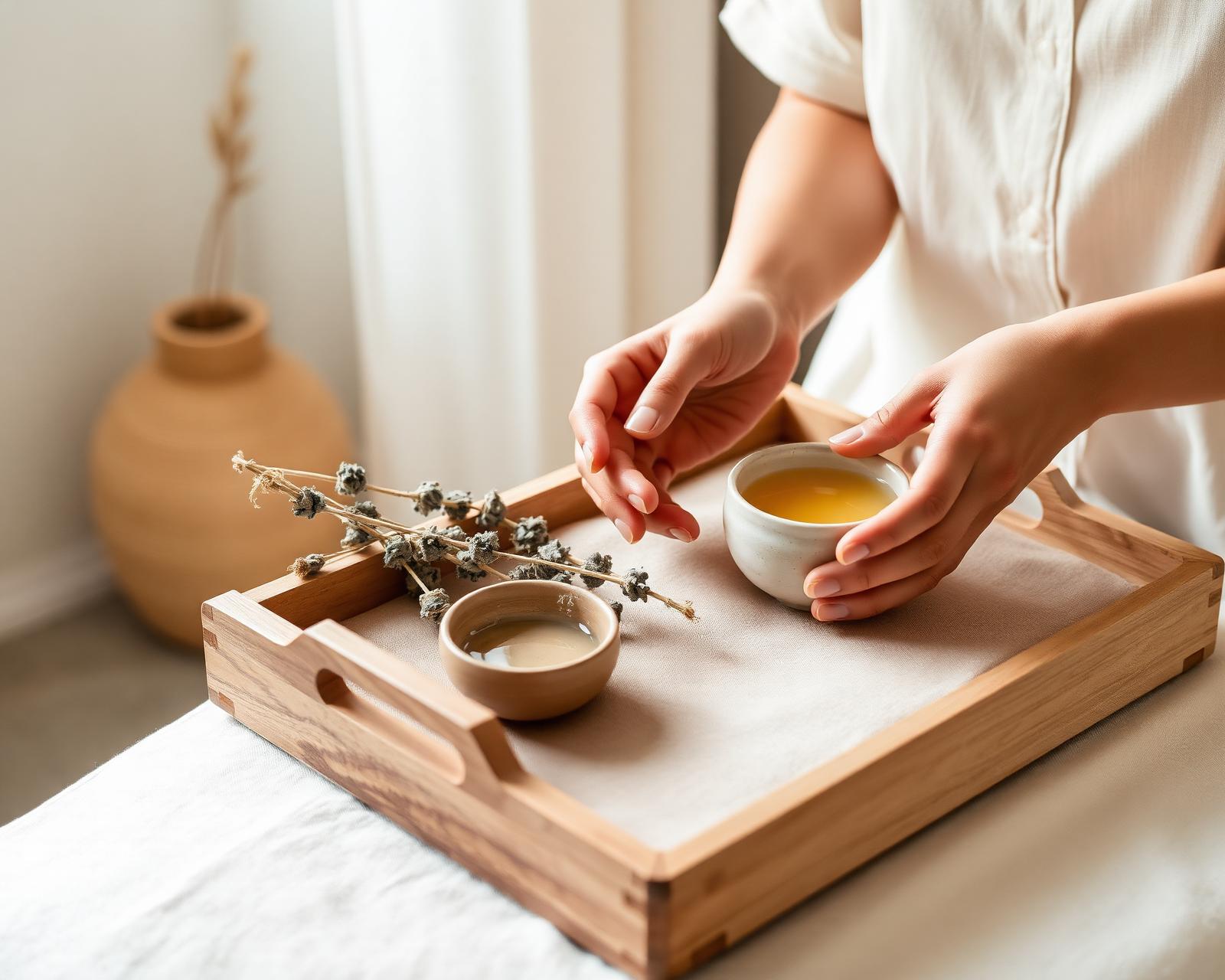 Ritual de bem-estar preparado com óleos e ervas naturais